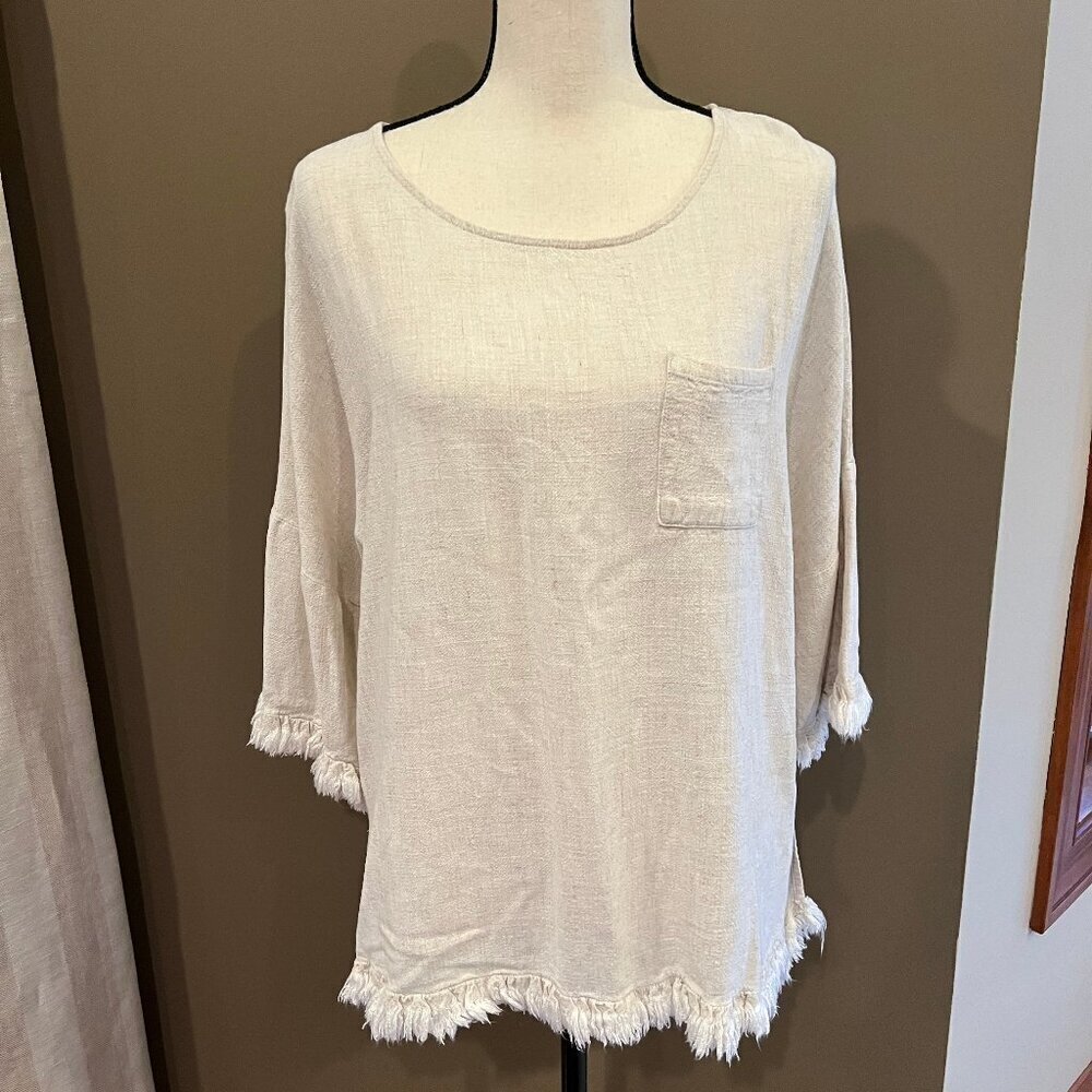 Umgee Boho Fringe Oatmeal Linen Blend Bell Sleeve Blouse, Size Medium